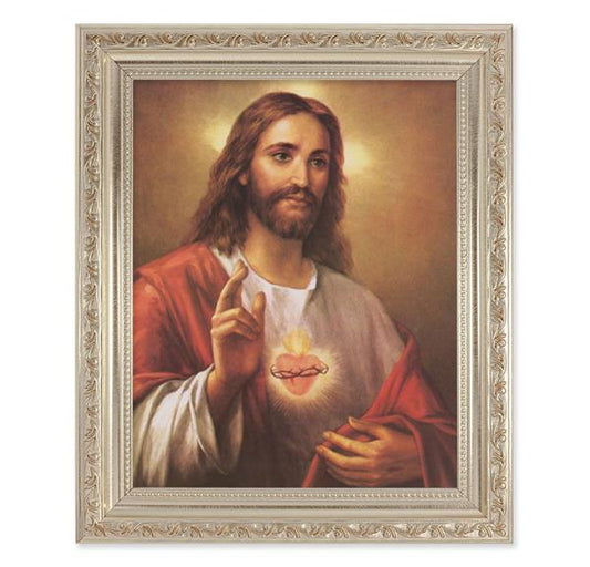 La Fuente: Sacred Heart of Jesus, 10"x12" Antique Silver & Carved Scrollwork Frame, Italian Print Under Glass # 26857
