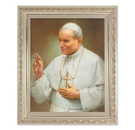 St. John Paul II, 10"x12" Antique Silver & Carved Scrollwork Frame, Italian Print Under Glass # 26860