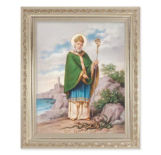 St. Patrick, 10"x12" Antique Silver & Carved Scrollwork Frame, Italian Print Under Glass # 26867