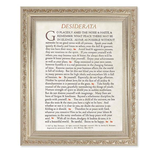 Desiderata Go Placidly Prayer, 10"x12" Antique Silver & Carved Scrollwork Frame, Italian Print Under Glass # 26869