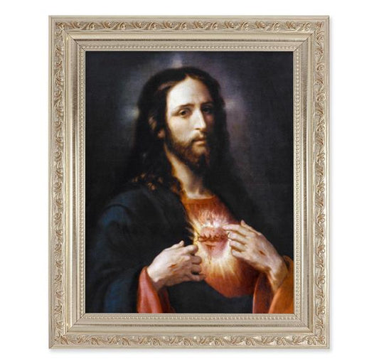 Ponce: Sacred Heart of Jesus, 10"x12" Antique Silver & Carved Scrollwork Frame, Italian Print Under Glass # 26874