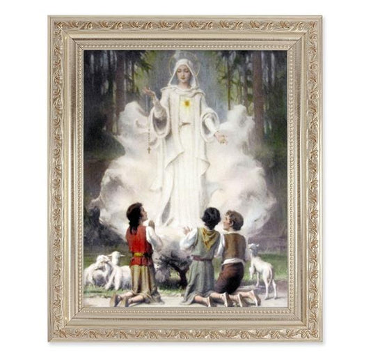 Our Lady of Fatima, 10"x12" Antique Silver & Carved Scrollwork Frame, Italian Print Under Glass # 26879