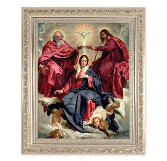 Crowning of Mary, 10"x12" Antique Silver & Carved Scrollwork Frame, Italian Print Under Glass # 26886