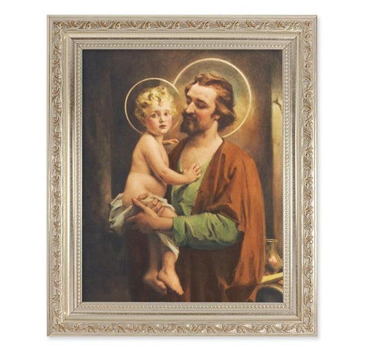 Chambers: St. Joseph & Child Jesus, 10"x12" Antique Silver & Carved Scrollwork Frame, Italian Print Under Glass # 26888