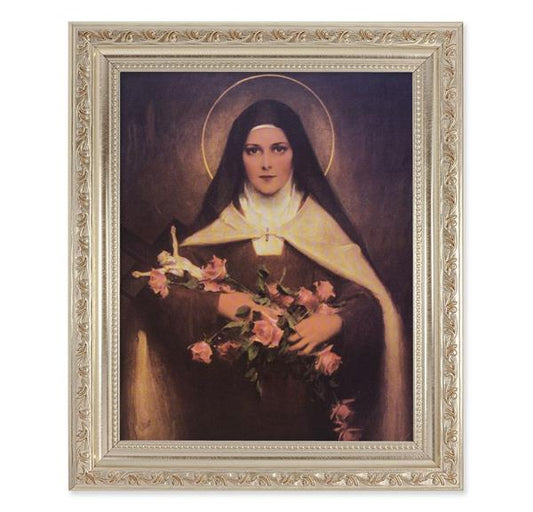 Chambers: St. Therese of Lisieux, 10"x12" Antique Silver & Carved Scrollwork Frame, Italian Print Under Glass # 26899