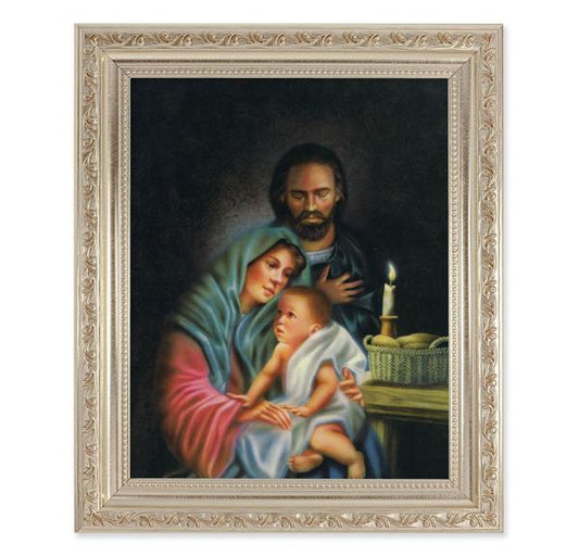 Holy Family Print, 10"x12" Antique Silver & Carved Scrollwork Frame, Italian Print Under Glass # 26922