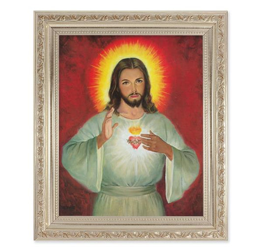 Sacred Heart of Jesus Picture, 10"x12" Antique Silver & Carved Scrollwork Frame, Italian Print Under Glass # 26926