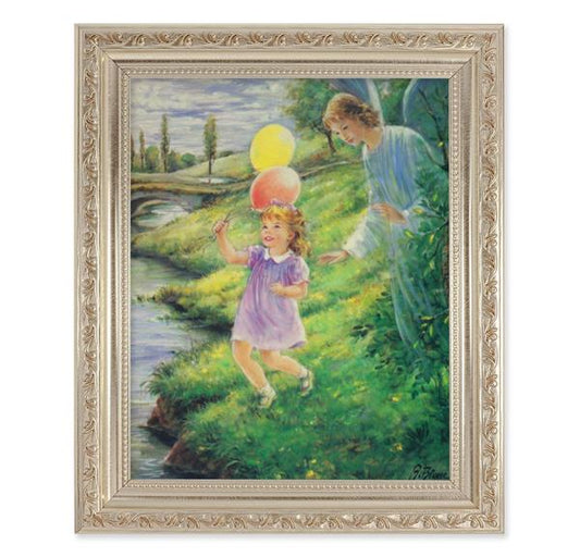 Guardian Angel with Girl Picture, 10"x12" Antique Silver & Carved Scrollwork Frame, Italian Print Under Glass # 26935