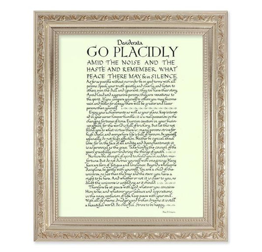 Go Placidly Desiderata, 10"x12" Antique Silver & Carved Scrollwork Frame, Italian Print Under Glass # 26936