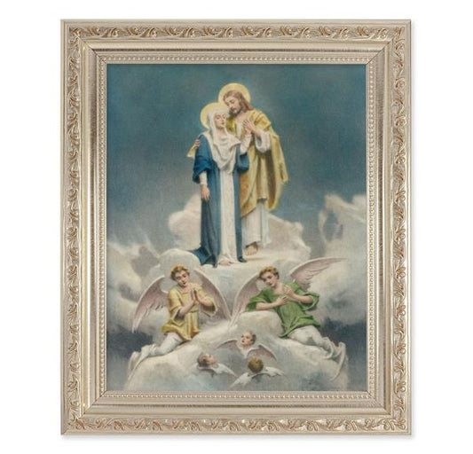 Chambers: Jesus & Mary in Heaven, 10"x12" Antique Silver & Carved Scrollwork Frame, Italian Print Under Glass # 26943