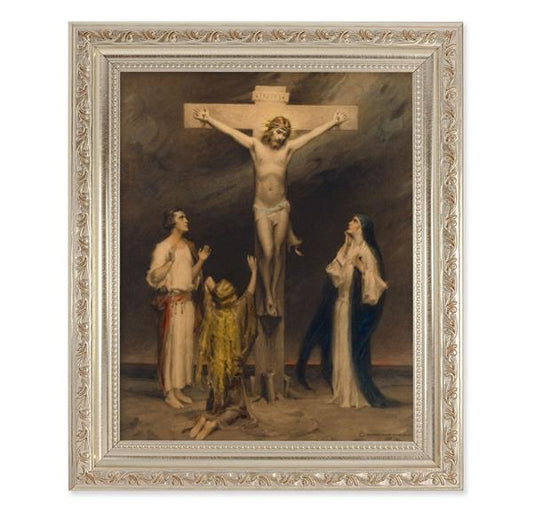 Chambers: The Crucifixion, 10"x12" Antique Silver & Carved Scrollwork Frame, Italian Print Under Glass # 26944