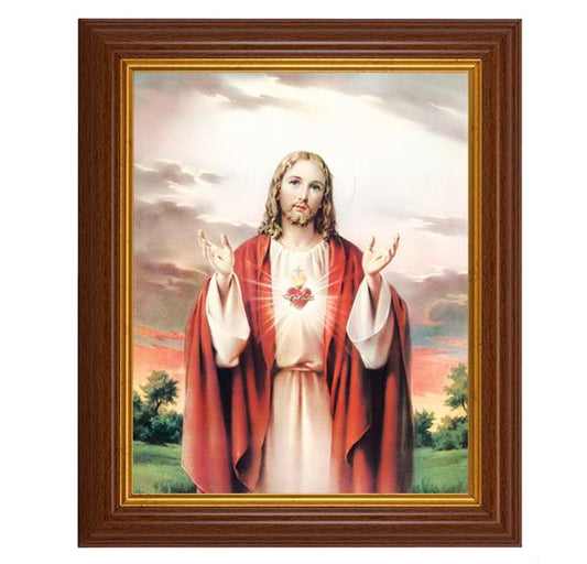 Sacred Heart of Jesus, 10.5"x12.5" Walnut Finished Fluted Frame, Gold Beaded Lip, Italian Print # 26947