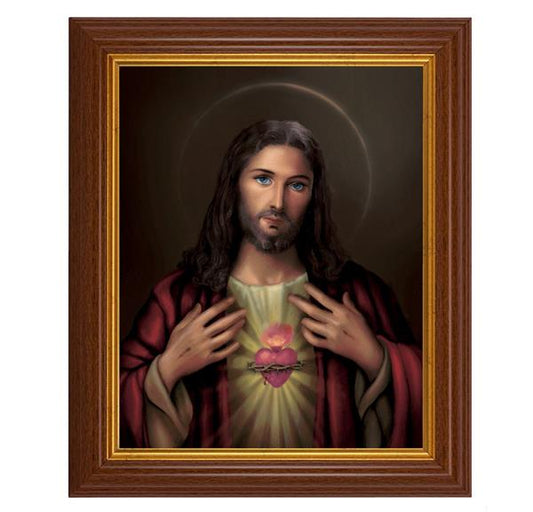 Sacred Heart of Jesus, 10.5"x12.5" Walnut Finished Fluted Frame, Gold Beaded Lip, Italian Print # 26956