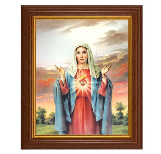 Immaculate Heart of Mary, 10.5"x12.5" Walnut Finished Fluted Frame, Gold Beaded Lip, Italian Print # 26988