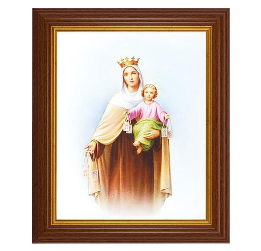 Our Lady of Mount Carmel, 10.5"x12.5" Walnut Finished Fluted Frame, Gold Beaded Lip, Italian Print # 26990