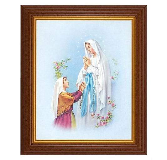 Our Lady of Lourdes, 10.5"x12.5" Walnut Finished Fluted Frame, Gold Beaded Lip, Italian Print # 26993