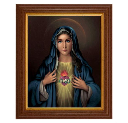 Immaculate Heart of Mary, 10.5"x12.5" Walnut Finished Fluted Frame, Gold Beaded Lip, Italian Print # 26997