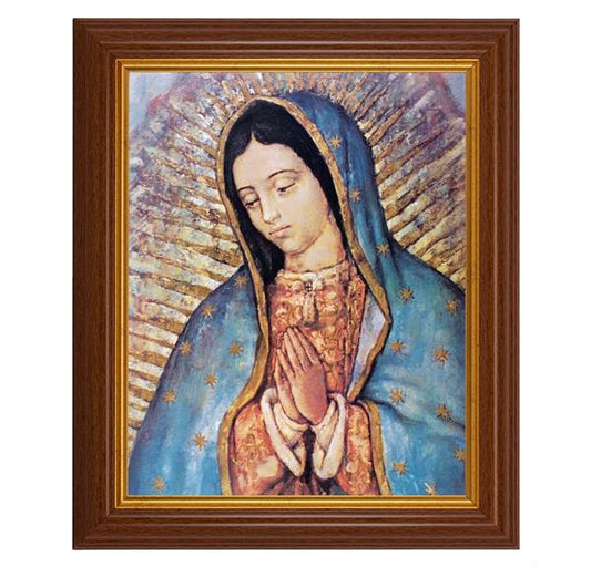 Our Lady of Guadalupe, 10.5"x12.5" Walnut Finished Fluted Frame, Gold Beaded Lip, Italian Print # 26999