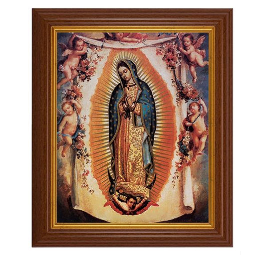 Our Lady of Guadalupe with Angels, 10.5"x12.5" Walnut Finished Fluted Frame, Gold Beaded Lip, Italian Print # 27002