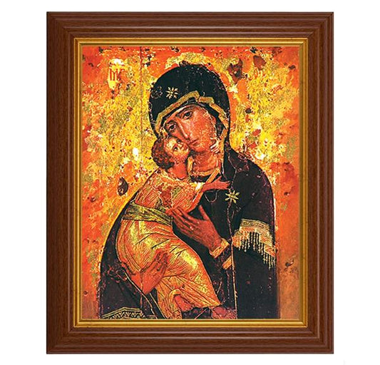 Our Lady of Vladimir, 10.5"x12.5" Walnut Finished Fluted Frame, Gold Beaded Lip, Italian Print # 27016