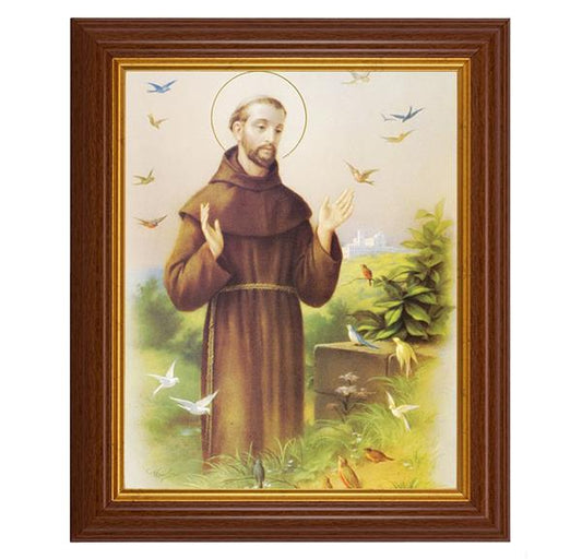 St. Francis of Assisi, 10.5"x12.5" Walnut Finished Fluted Frame, Gold Beaded Lip, Italian Print # 27029