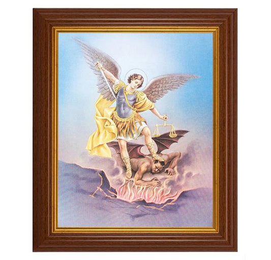 St. Michael, 10.5"x12.5" Walnut Finished Fluted Frame, Gold Beaded Lip, Italian Print # 27034