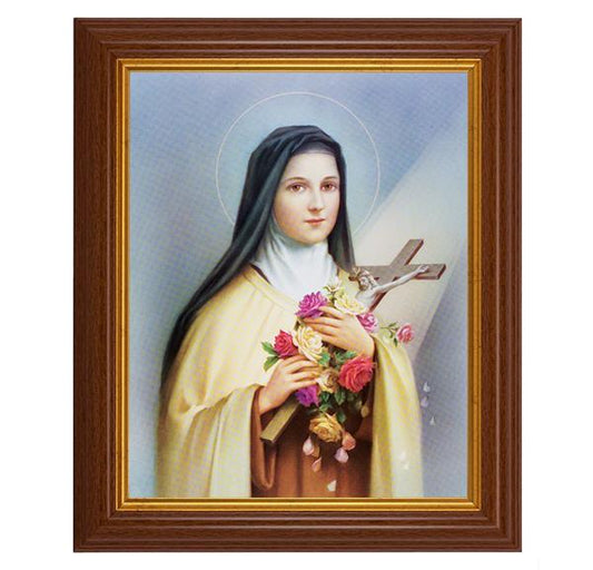 St. Therese of Lisieux, 10.5"x12.5" Walnut Finished Fluted Frame, Gold Beaded Lip, Italian Print # 27036