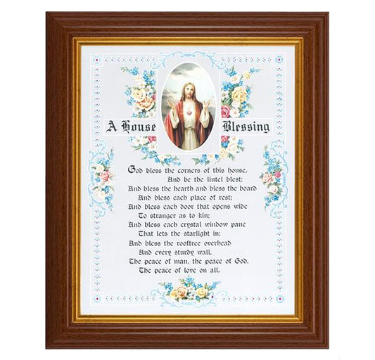 A House Blessing, 10.5"x12.5" Walnut Finished Fluted Frame, Gold Beaded Lip, Italian Print # 27046