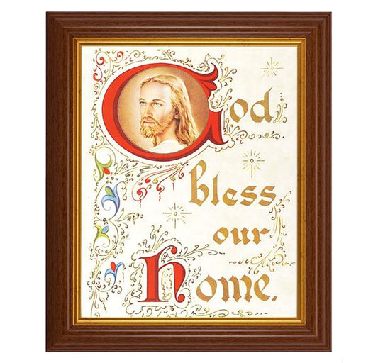 God Bless Our Home, 10.5"x12.5" Walnut Finished Fluted Frame, Gold Beaded Lip, Italian Print # 27047