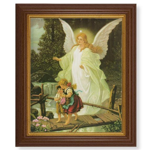 Guadian Angel with Children, 10.5"x12.5" Walnut Finished Fluted Frame, Gold Beaded Lip, Italian Print # 27065