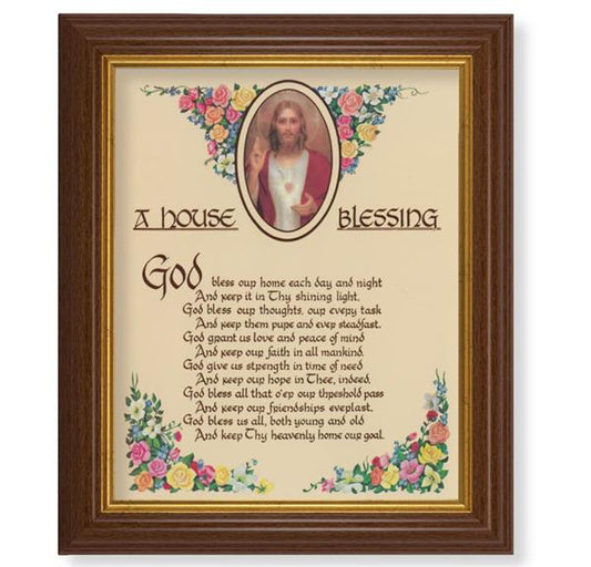 A House Blessing Picture, 10.5"x12.5" Walnut Finished Fluted Frame, Gold Beaded Lip, Italian Print # 27101