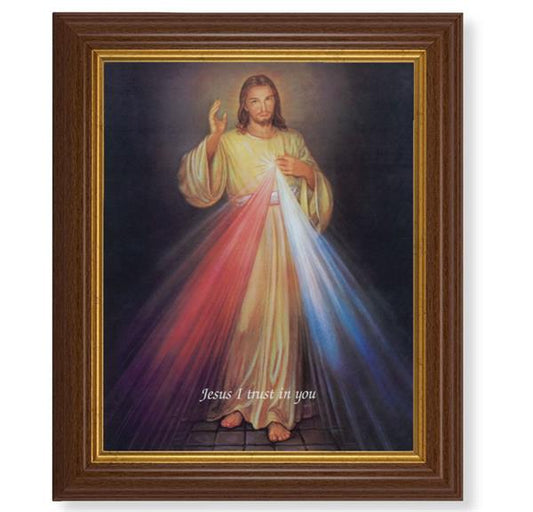 Divine Mercy Picture, 10.5"x12.5" Walnut Finished Fluted Frame, Gold Beaded Lip, Italian Print # 27110