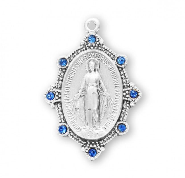 Sterling Silver Miraculous Medal with Light Sapphire Crystals, 15/16", Your Choice of Chain, #27116