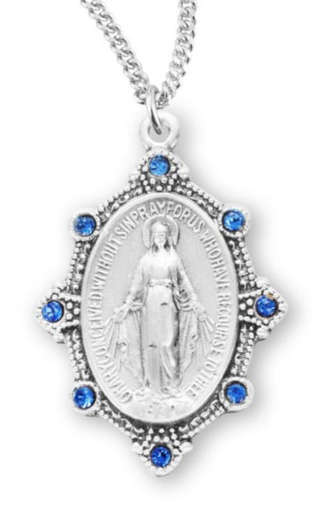 Sterling Silver Miraculous Medal with Light Sapphire Crystals, 15/16", Your Choice of Chain, #27116||