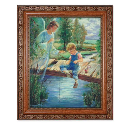 Guardian Angel with Boy Picture, 10.5"x12.5" Walnut Finished Fluted Frame, Gold Beaded Lip, Italian Print # 27119
