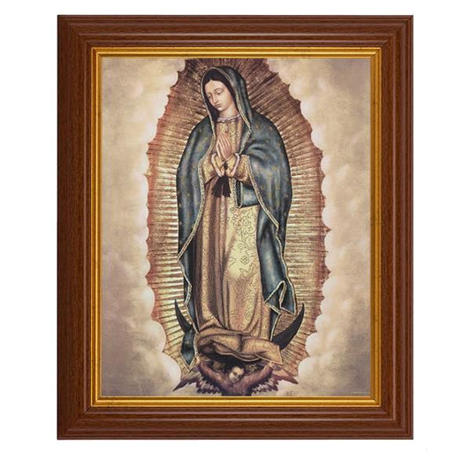 Our Lady of Guadalupe Picture, 10.5"x12.5" Walnut Finished Fluted Frame, Gold Beaded Lip, Italian Print # 27127