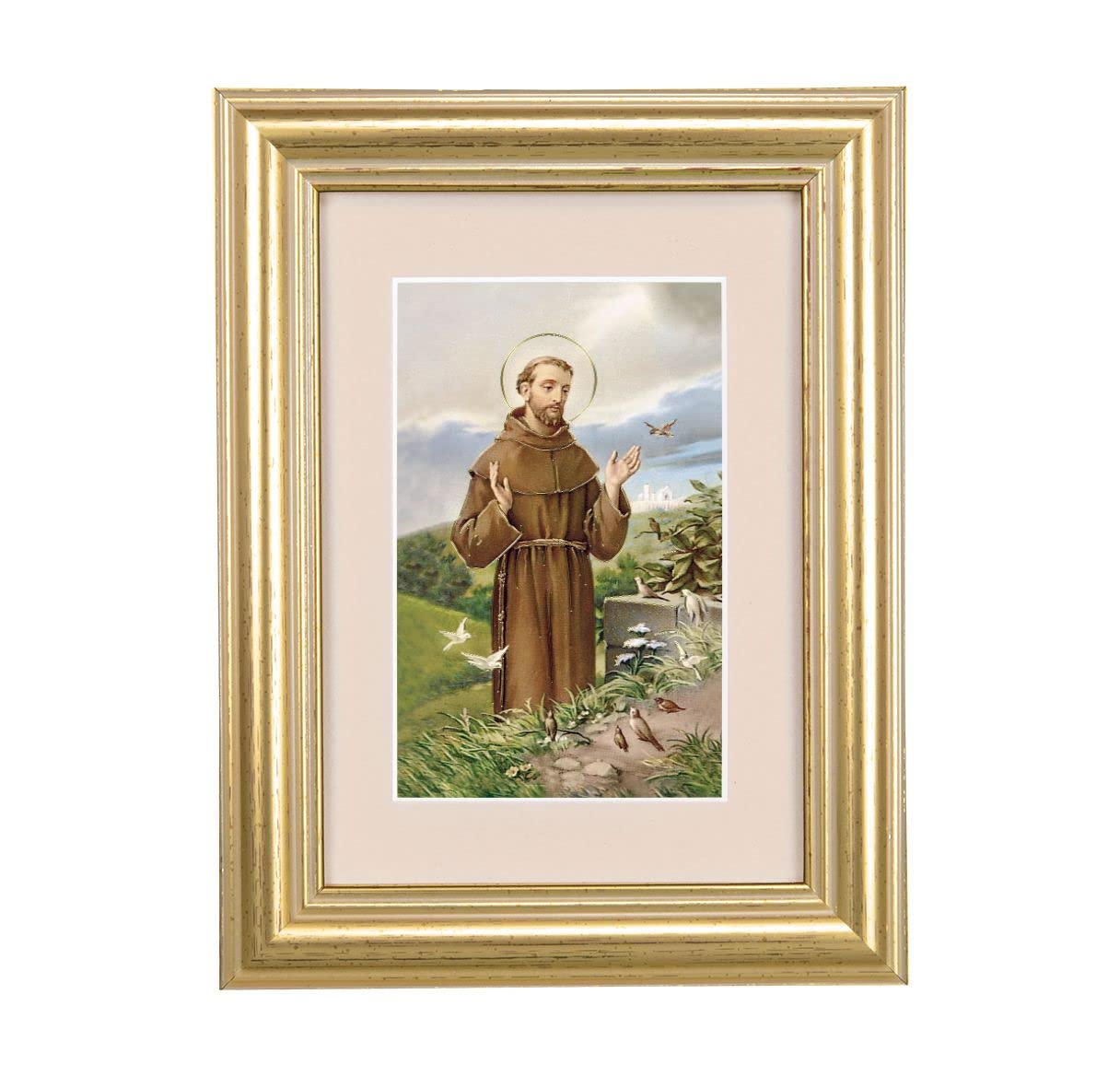 St. Francis of Assisi Picture, 5"x6.5" Antique Gold Fluted Frame, Behind Cream Velvet Matting # 28242