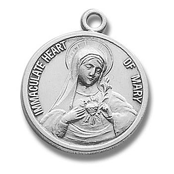Sterling Silver Immaculate Heart of Mary Medal, 13/16" diameter, Your choice of chain, # 27263