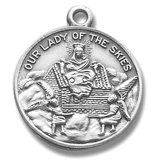 Sterling Silver Our Lady of the Skies Medal, 13/16" dia., Your choice of chain, # 27273