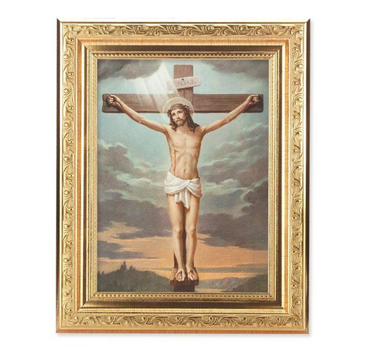 Crucifixion Picture, 8-1/4"x10-1/4 Gold-Leaf Finish Acanthus Leaf Detail Under Glass # 27673