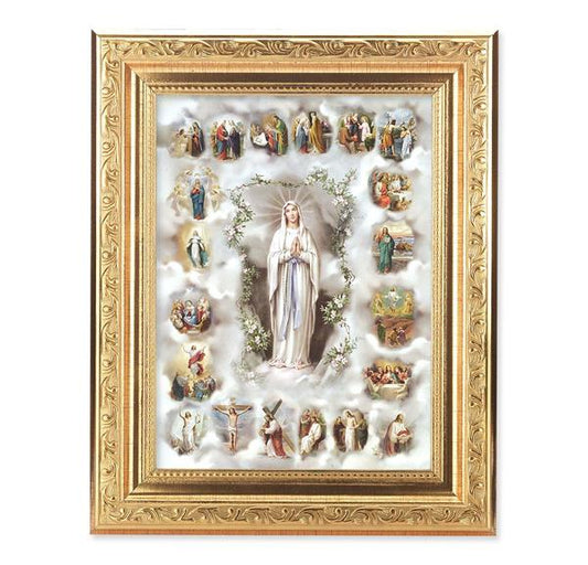 Mysteries of The Rosary Picture, 8-1/4"x10-1/4 Gold-Leaf Finish Acanthus Leaf Detail Under Glass # 27693