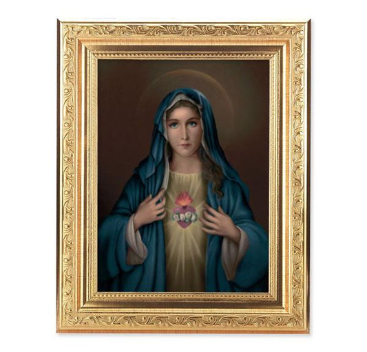 Immaculate Heart of Mary Picture, 8-1/4"x10-1/4 Gold-Leaf Finish Acanthus Leaf Detail Under Glass # 27695