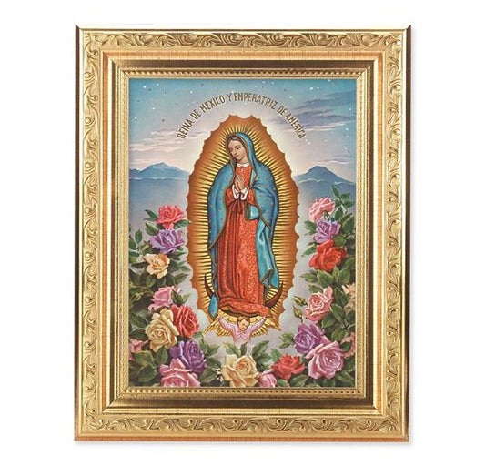 Our Lady of Guadalupe Picture, 8-1/4"x10-1/4 Gold-Leaf Finish Acanthus Leaf Detail Under Glass # 27698