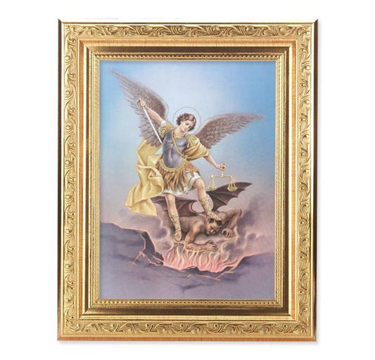 St. Michael Picture, 8-1/4"x10-1/4 Gold-Leaf Finish Acanthus Leaf Detail Under Glass # 27710