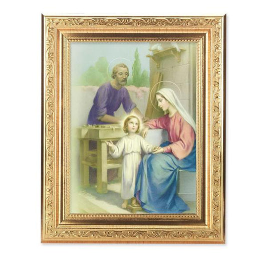 Holy Family Picture, 8-1/4"x10-1/4 Gold-Leaf Finish Acanthus Leaf Detail Under Glass # 27734