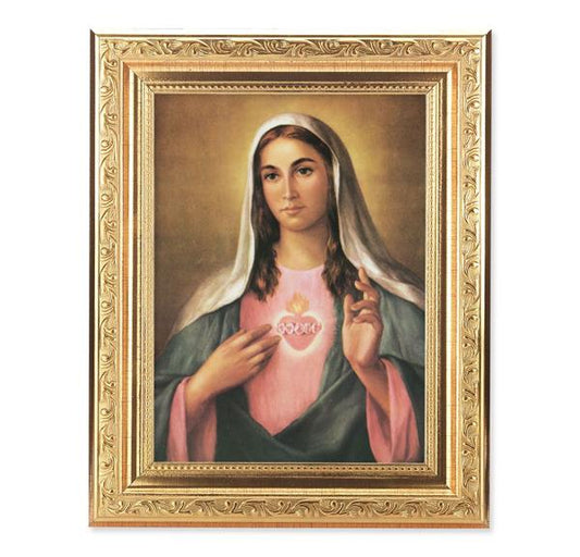 La Fuente: Immaculate Heart of Mary Picture, 8-1/4"x10-1/4 Gold-Leaf Finish Acanthus Leaf Detail Under Glass # 27751