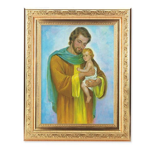 St. Joseph & Child Picture, 8-1/4"x10-1/4 Gold-Leaf Finish Acanthus Leaf Detail Under Glass # 27763