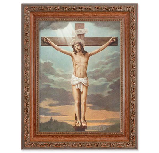 Crucifixion Picture, 8-1/4"x10-1/4 Mahogany Finish with Acanthus Leaf Detail Under Glass # 27787