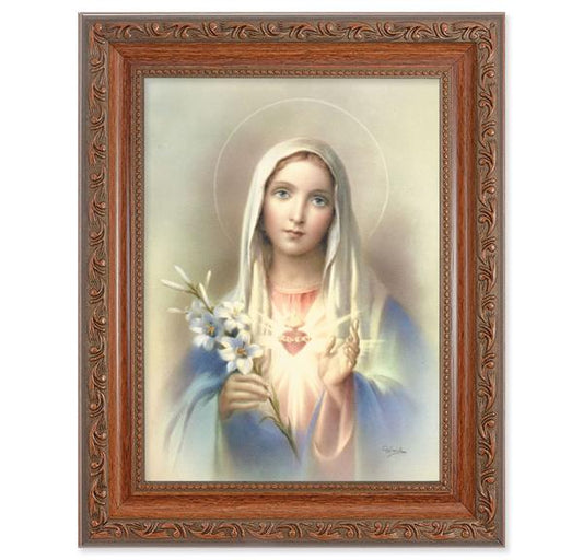 Immaculate Heart of Mary Picture, 8-1/4"x10-1/4 Mahogany Finish with Acanthus Leaf Detail Under Glass # 27810