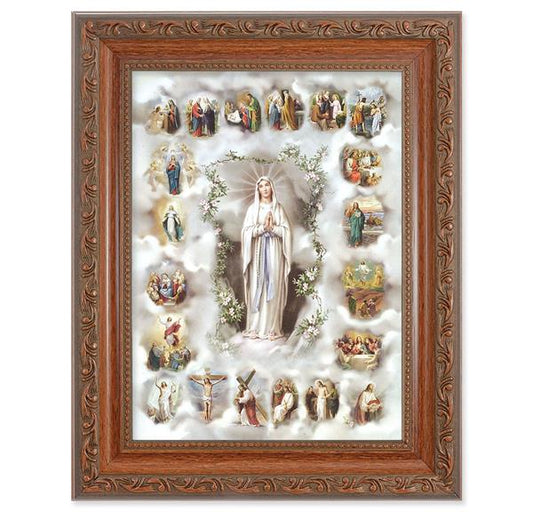 Mysteries of The Rosary Picture, 8-1/4"x10-1/4 Mahogany Finish with Acanthus Leaf Detail Under Glass # 27811